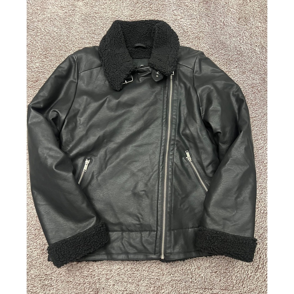 Hollister Womens M Black Faux Leather Sherpa Lined Aviator Moto Biker Jacket